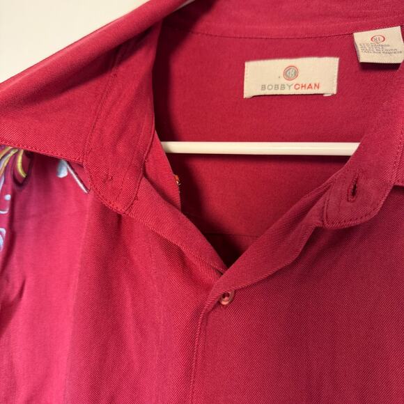Bobby Chan Shirt Mens XLarge 100% Silk Red Short Sleeve Golfer Golf Button Up - Picture 5 of 12